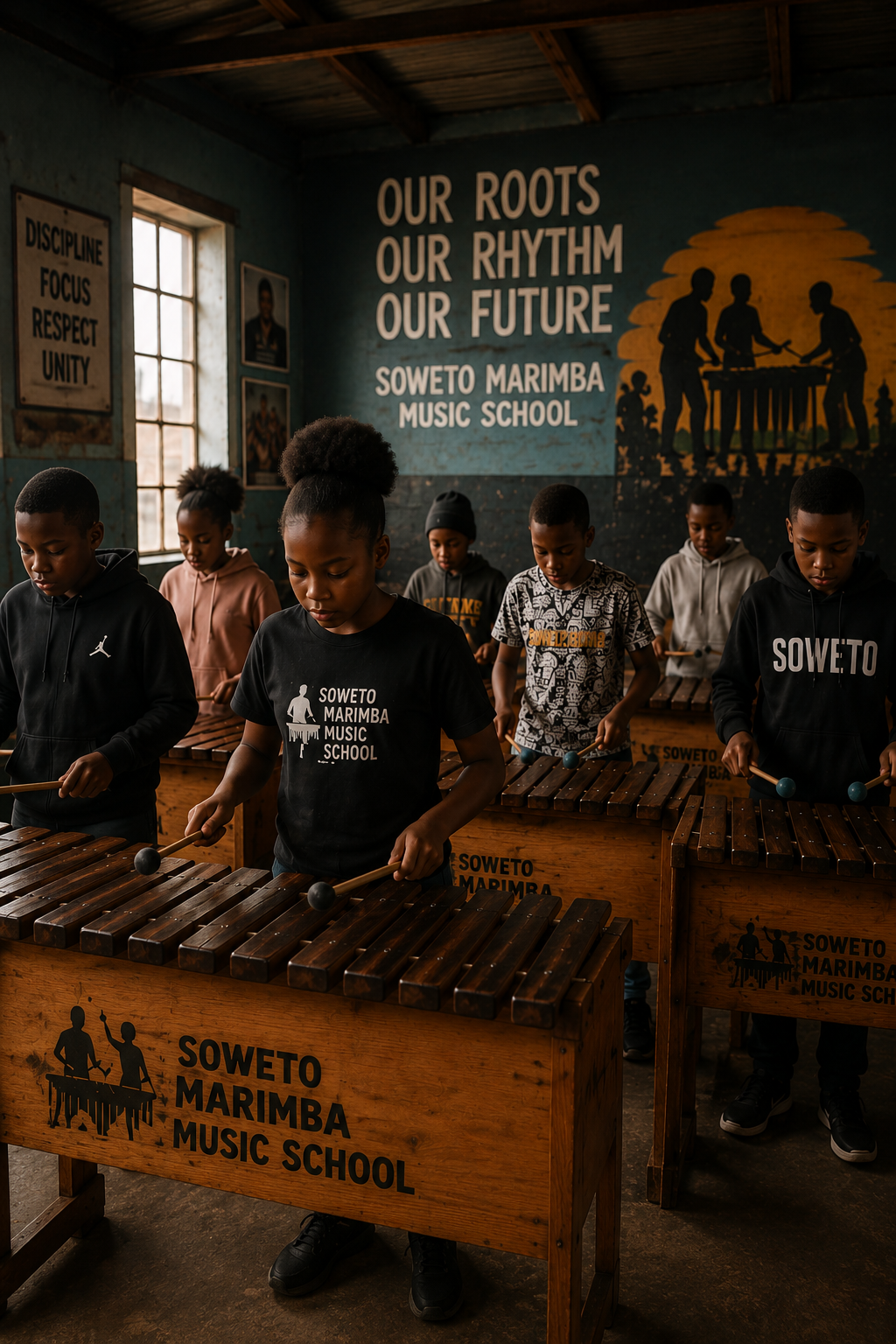 Children playing marimbas inside Soweto Marimba Music School.
