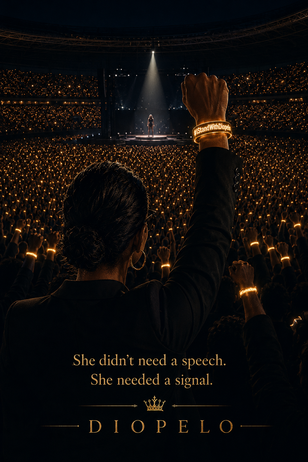 A raised fist in a stadium filled with glowing wristbands and a performer under a spotlight.