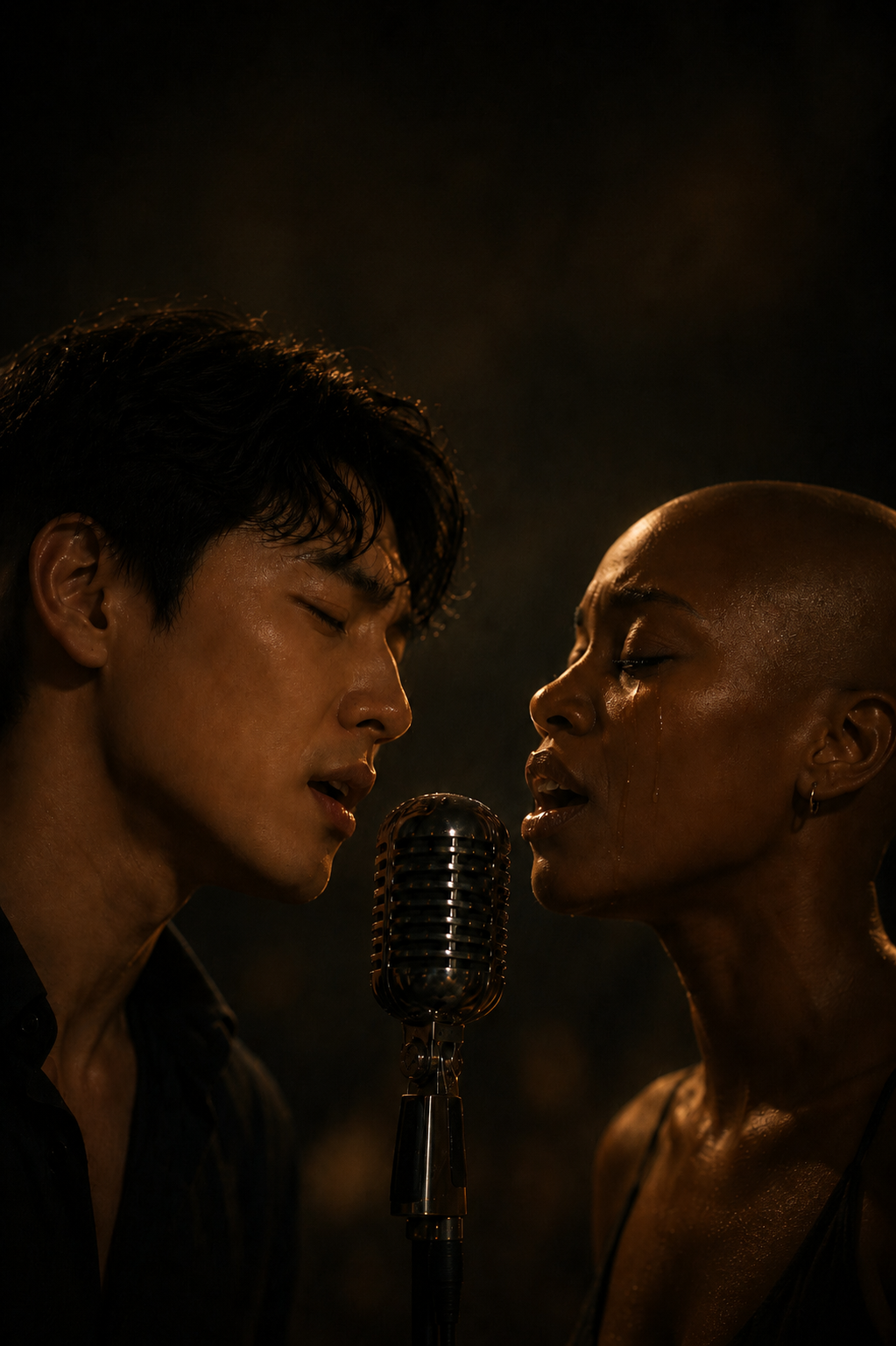 Two singers leaning toward a vintage microphone in warm cinematic light.