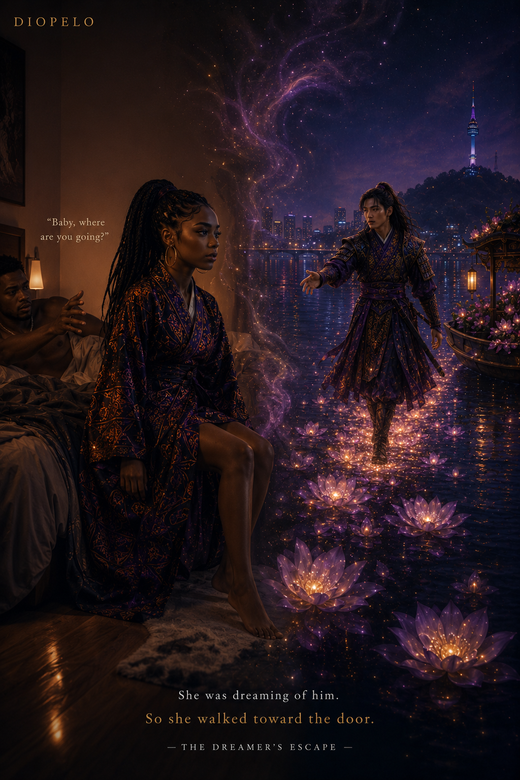 A woman seated on a bed facing a dreamlike purple waterscape with glowing lotus flowers and a distant figure.