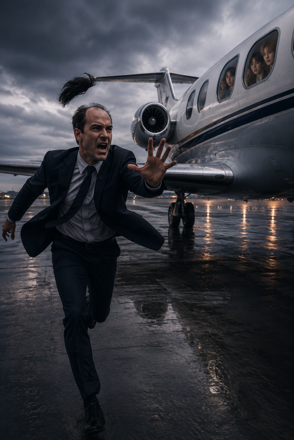 A man running across a wet airport tarmac beside a private jet under storm clouds.